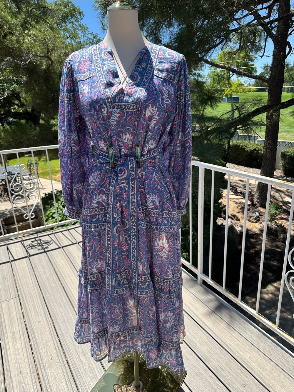 Alisha Bell Bell Isle Midi Dress in Blue and Pink with self tie